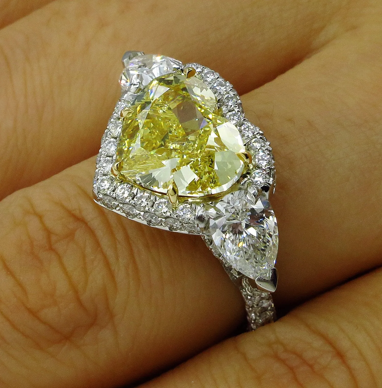 GIA “Canary” 6.16ctw Natural Fancy YELLOW HEART & Pear Shaped Diamond 3 Stone Halo Pave Ring