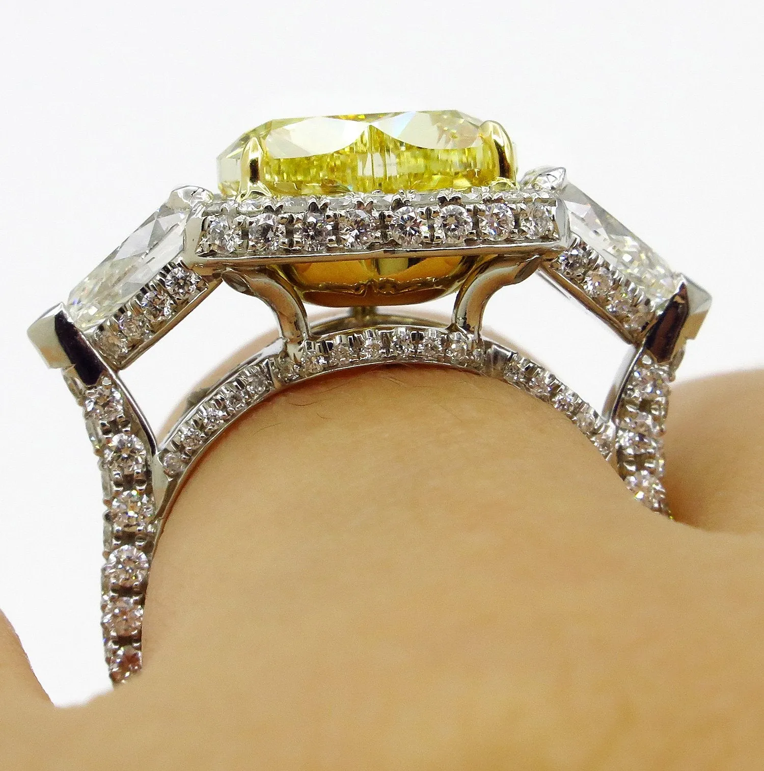 GIA “Canary” 6.16ctw Natural Fancy YELLOW HEART & Pear Shaped Diamond 3 Stone Halo Pave Ring