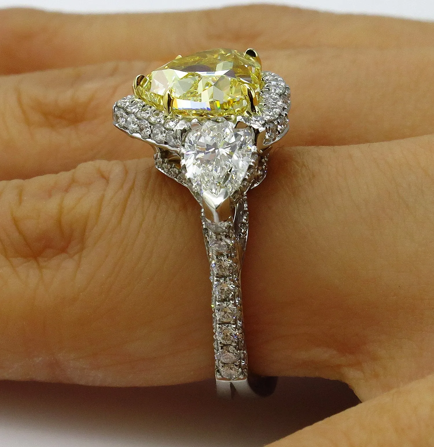 GIA “Canary” 6.16ctw Natural Fancy YELLOW HEART & Pear Shaped Diamond 3 Stone Halo Pave Ring