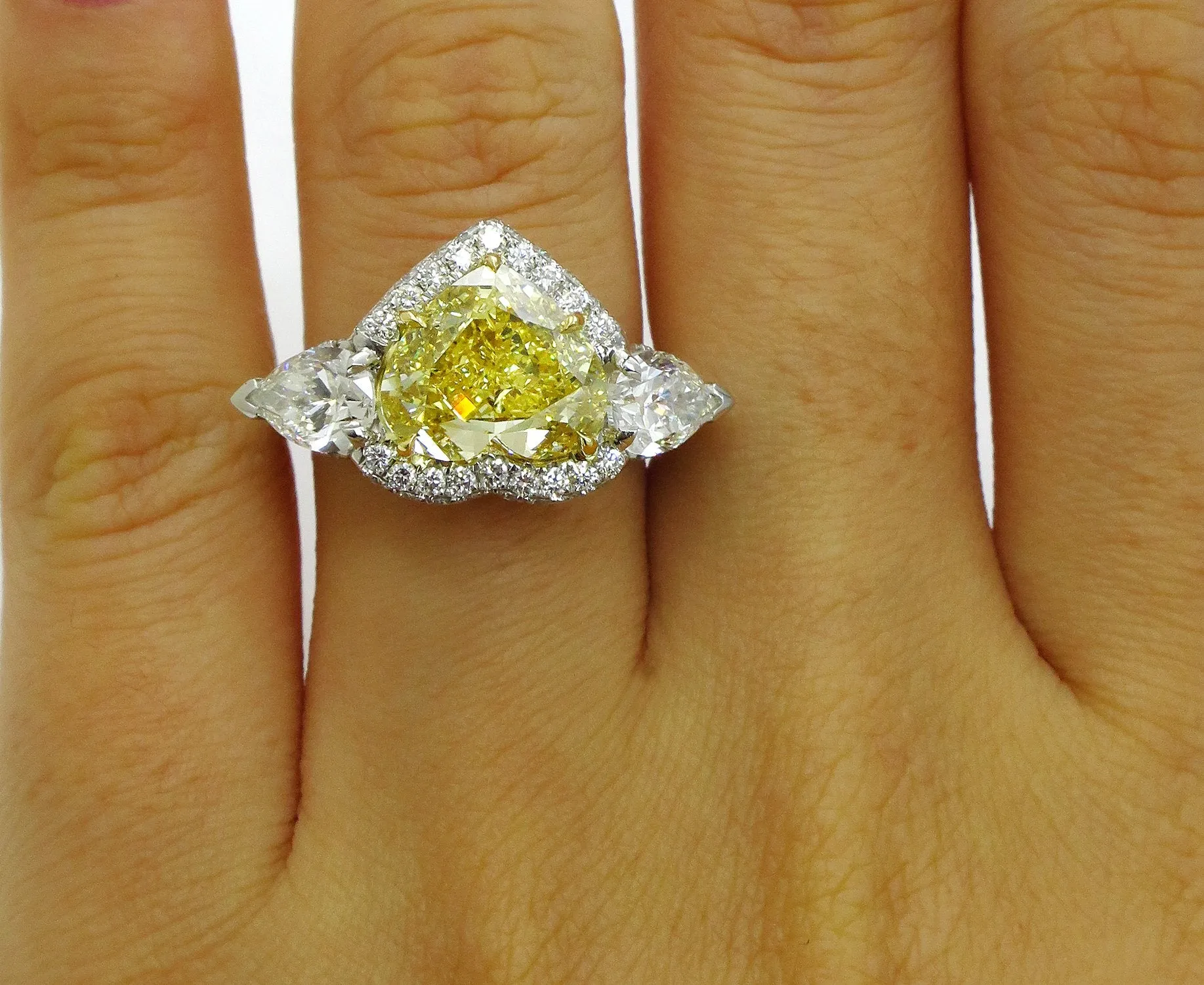 GIA “Canary” 6.16ctw Natural Fancy YELLOW HEART & Pear Shaped Diamond 3 Stone Halo Pave Ring