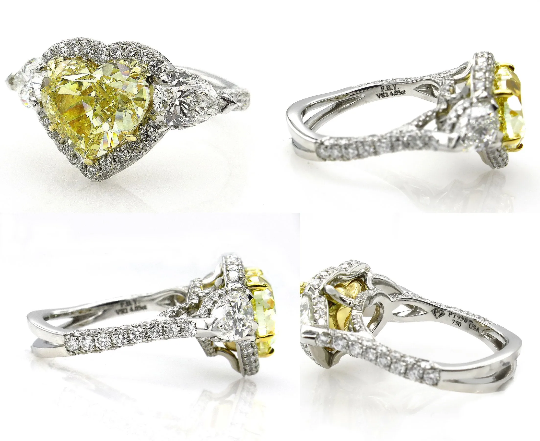 GIA “Canary” 6.16ctw Natural Fancy YELLOW HEART & Pear Shaped Diamond 3 Stone Halo Pave Ring