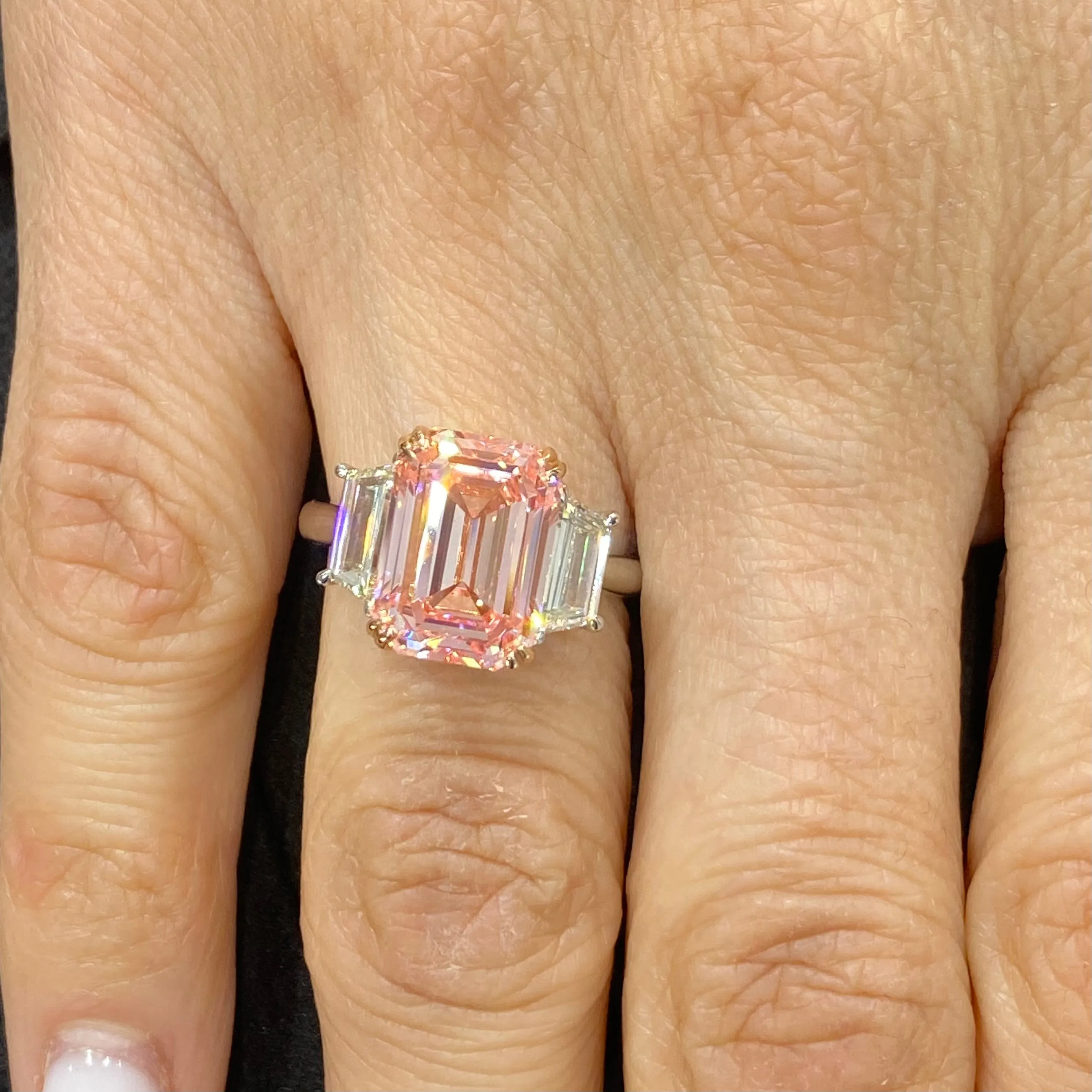 Gloria 7 Carats Pink VVS1 Emerald Cut Diamond Engagement Ring in 18k White Gold. GIA Certified