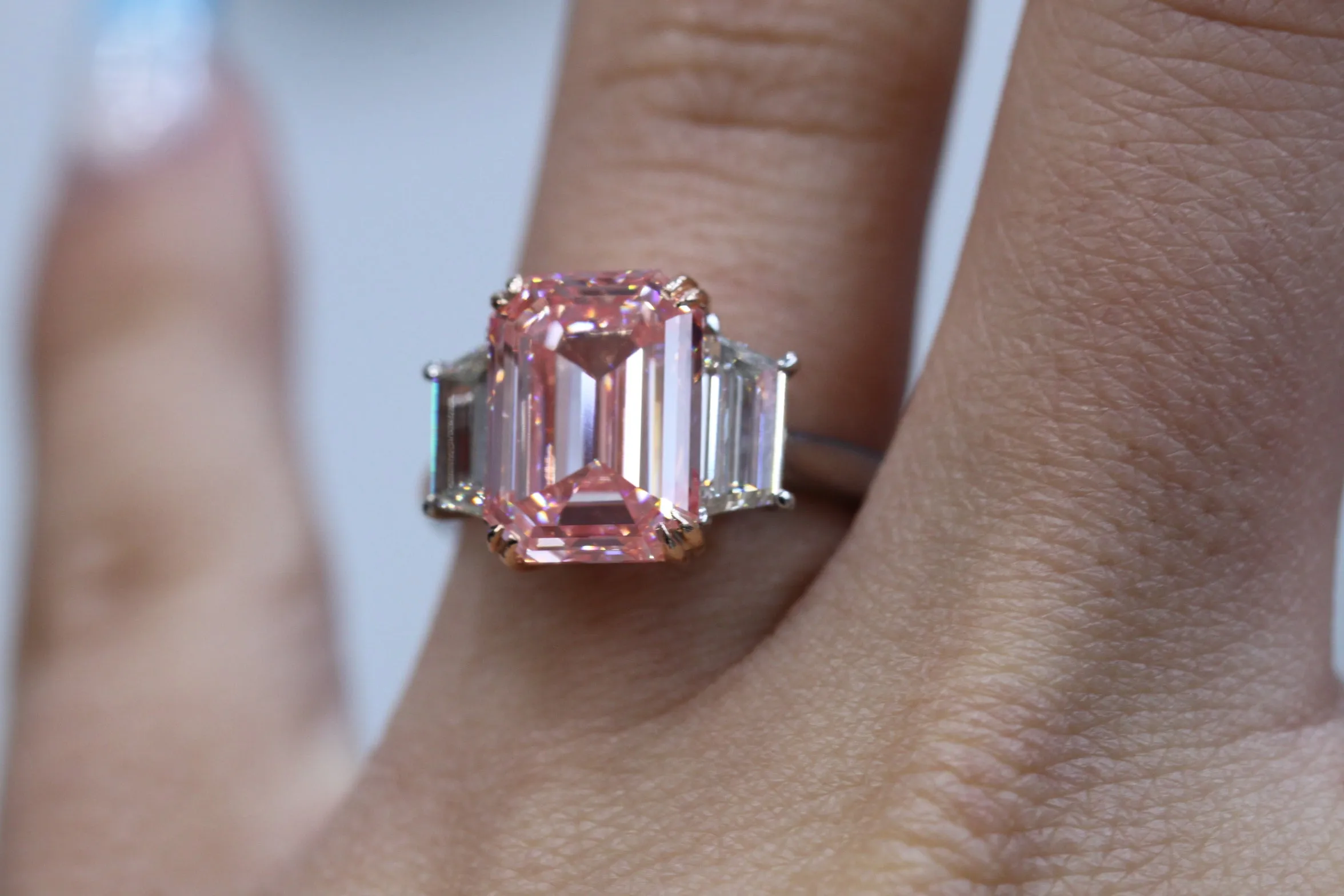 Gloria 7 Carats Pink VVS1 Emerald Cut Diamond Engagement Ring in 18k White Gold. GIA Certified