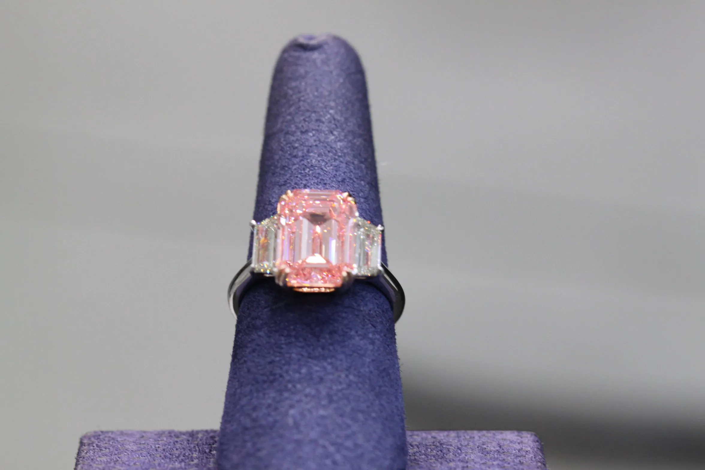 Gloria 7 Carats Pink VVS1 Emerald Cut Diamond Engagement Ring in 18k White Gold. GIA Certified