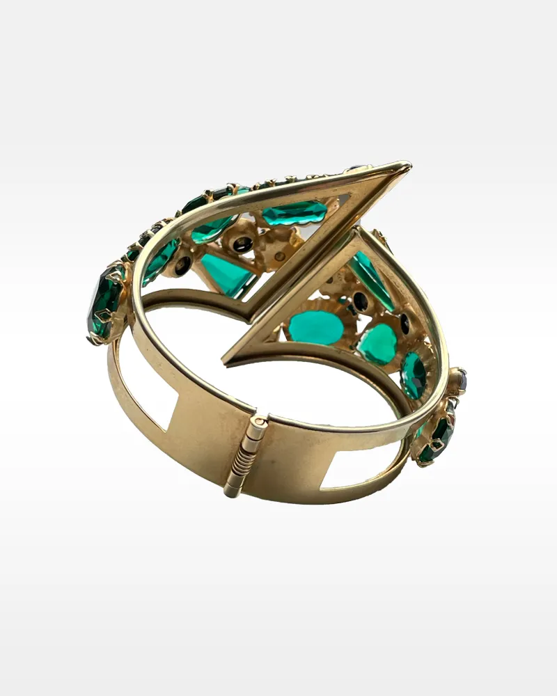 Gold Metal and Blue and Green Rhinestone Clamper Bracelet