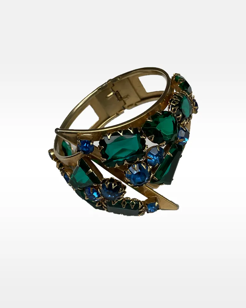 Gold Metal and Blue and Green Rhinestone Clamper Bracelet