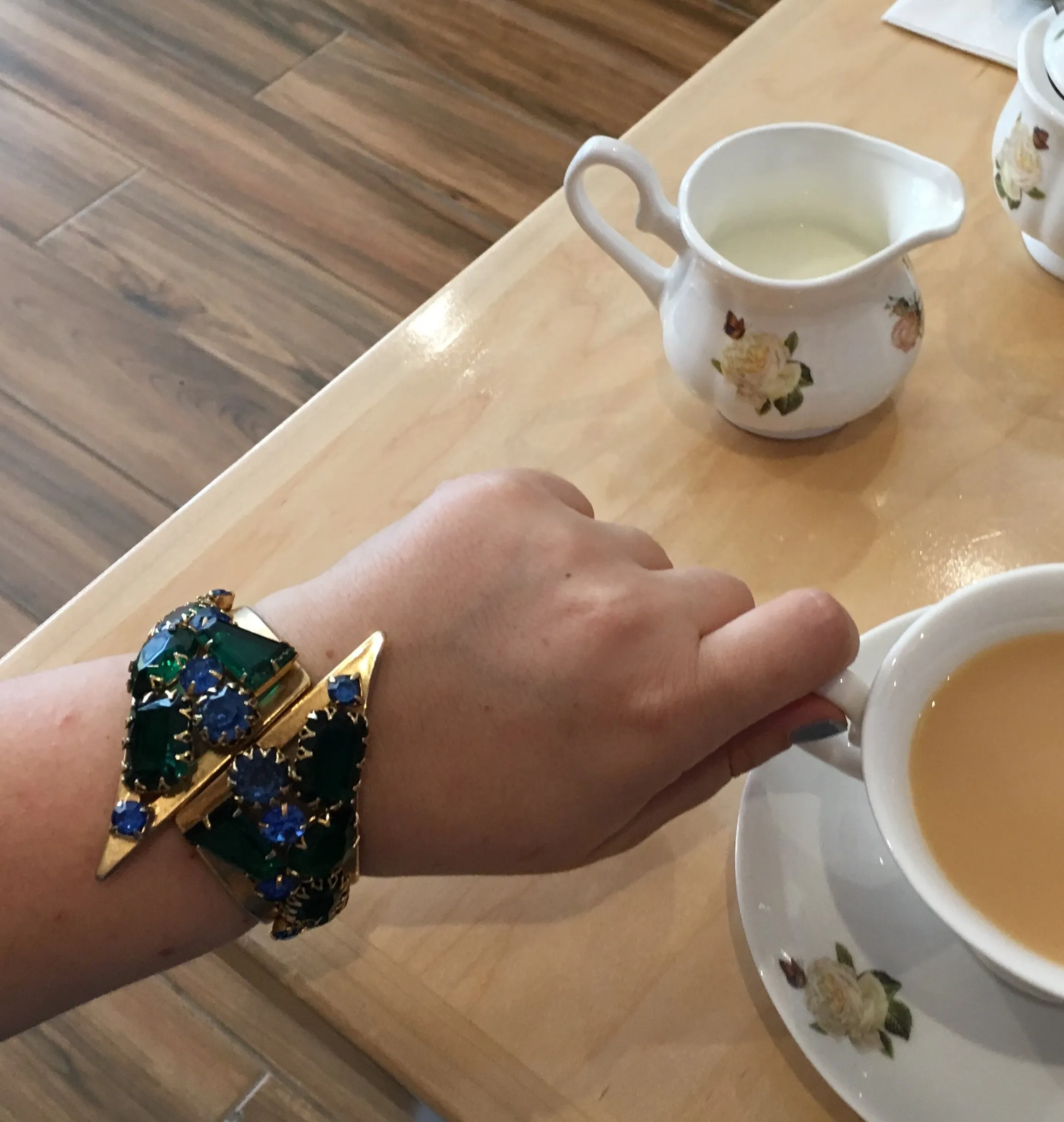 Gold Metal and Blue and Green Rhinestone Clamper Bracelet