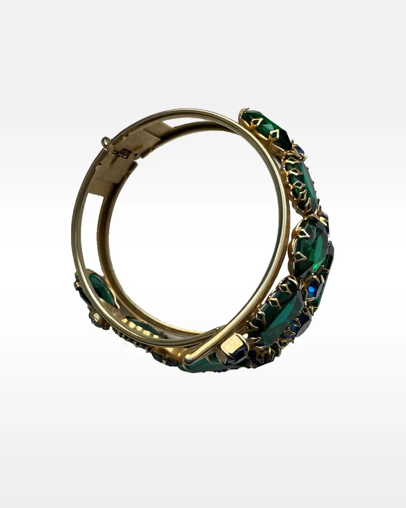 Gold Metal and Blue and Green Rhinestone Clamper Bracelet