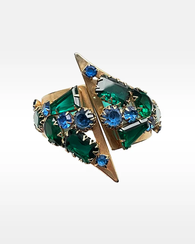 Gold Metal and Blue and Green Rhinestone Clamper Bracelet