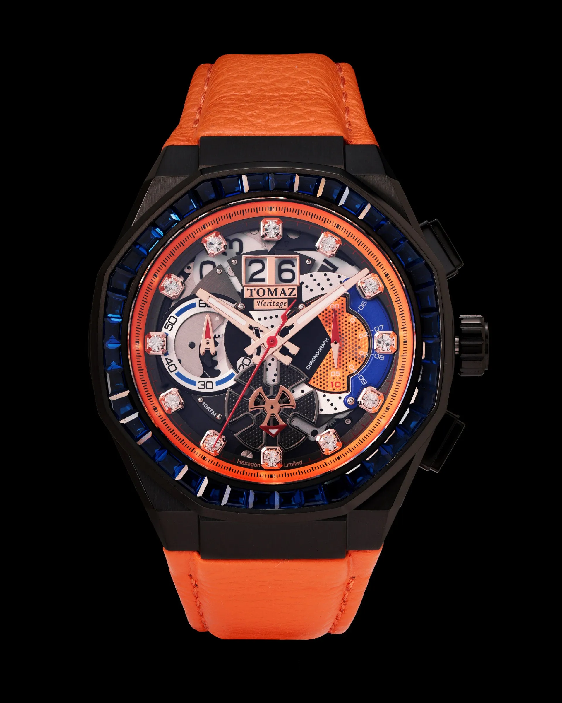 Hexagon TQ023B-D2 (Black/Orange) with Blue Crystal (Orange Leather Strap)