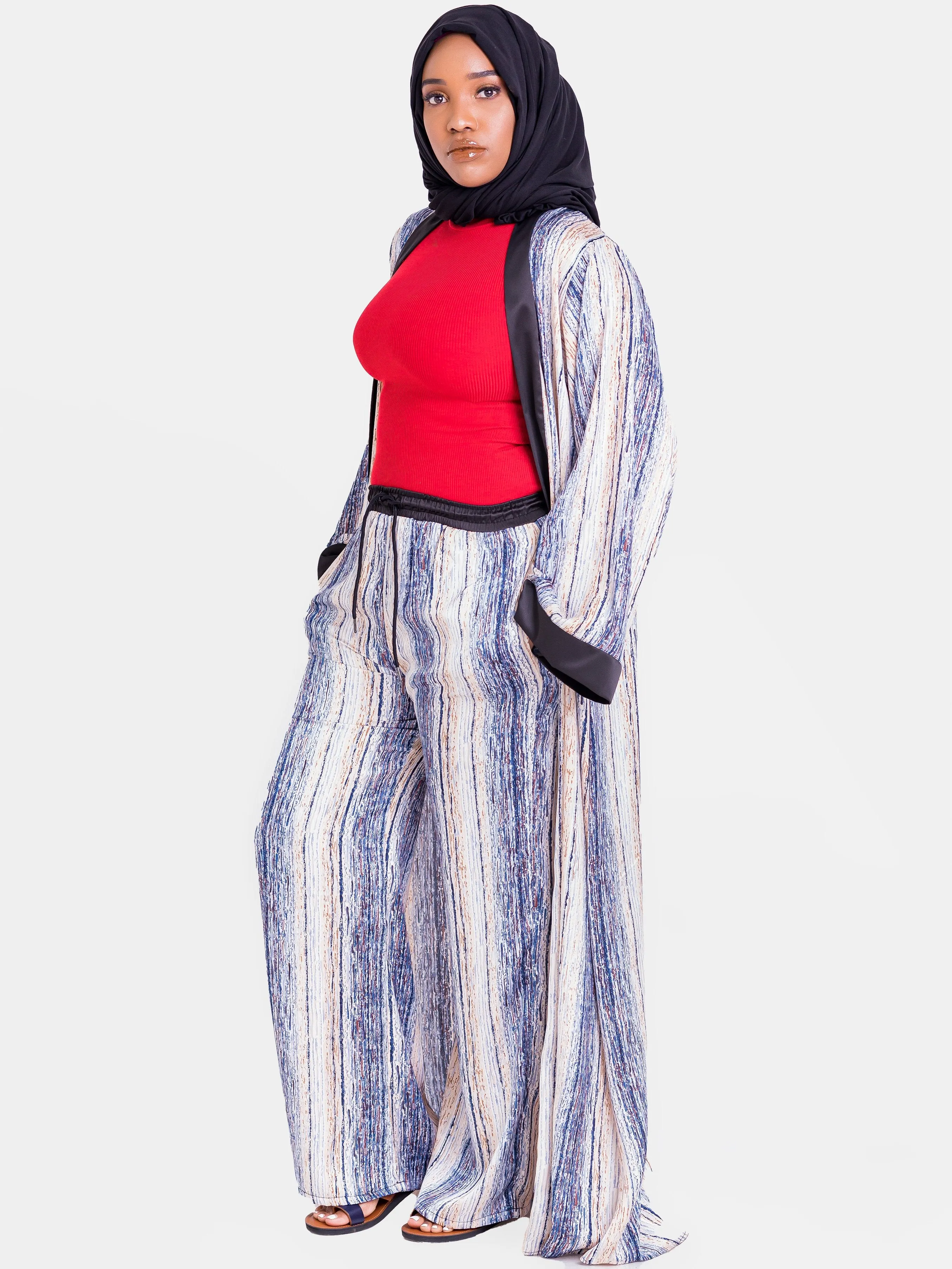 Hijabeefied Long Travelling Kimono - Navy Blue Print