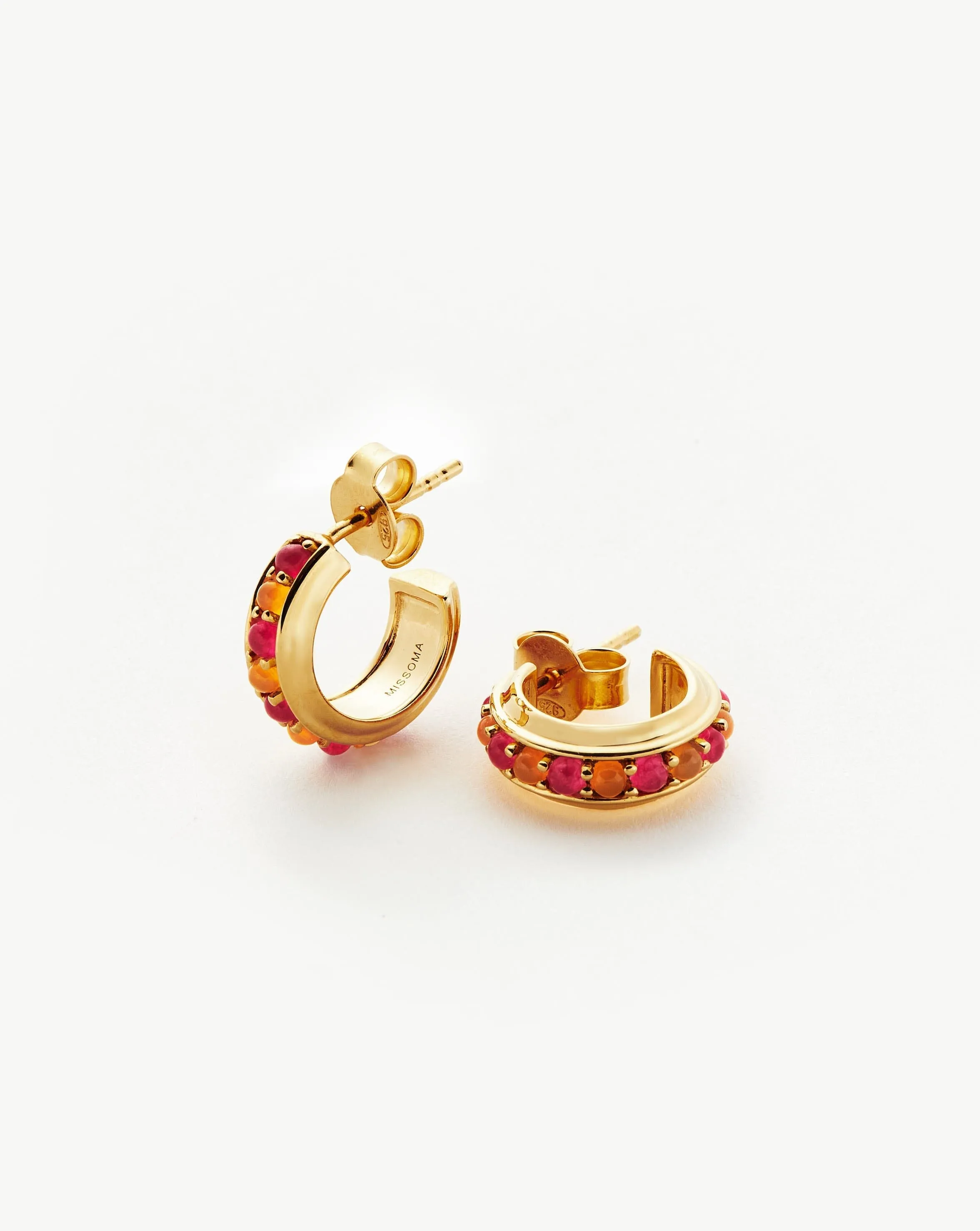 Hot Rox Gemstone Mini Hoop Earrings | 18ct Gold Plated Vermeil/Pink Quartz & Peach Chalcedony