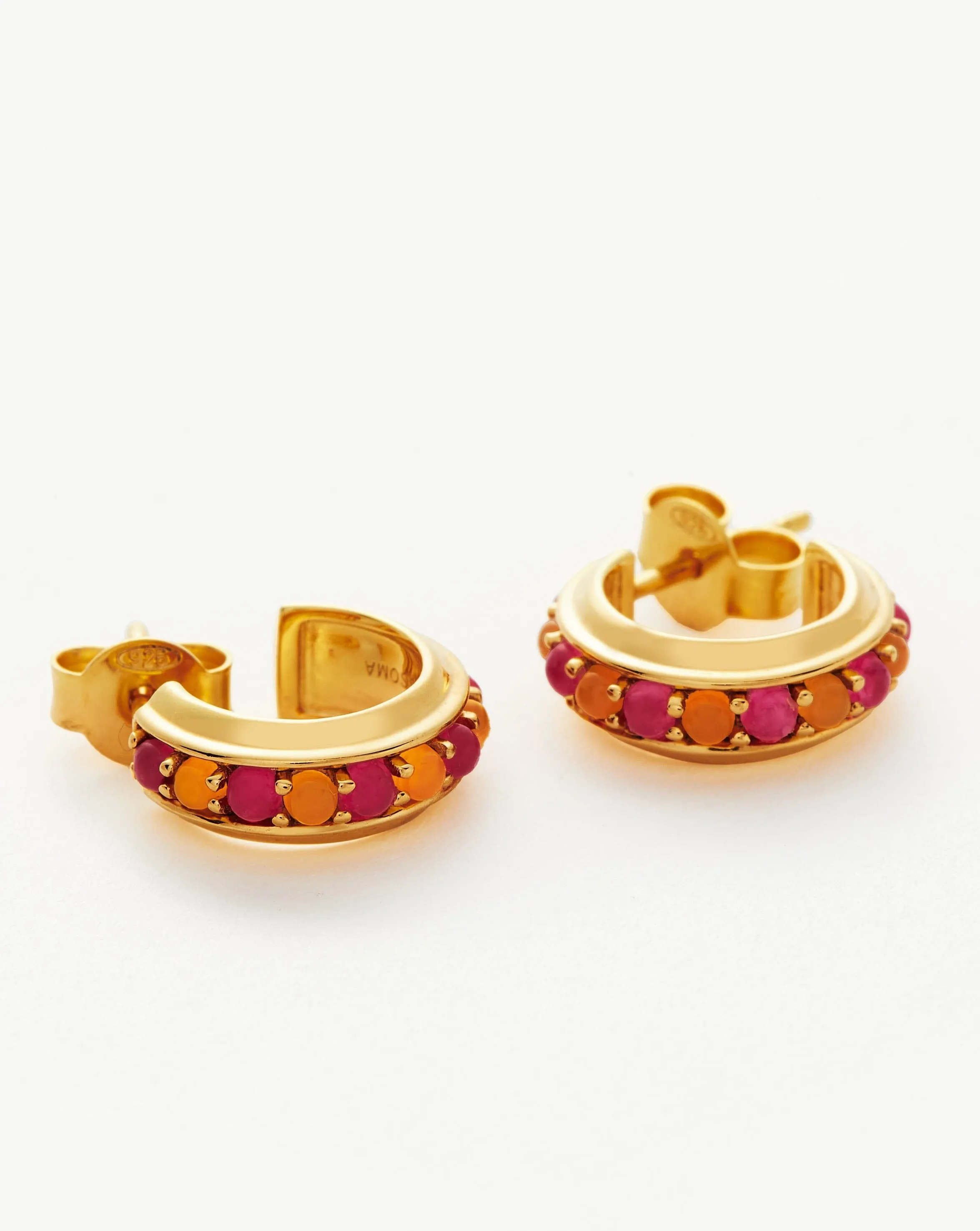 Hot Rox Gemstone Mini Hoop Earrings | 18ct Gold Plated Vermeil/Pink Quartz & Peach Chalcedony