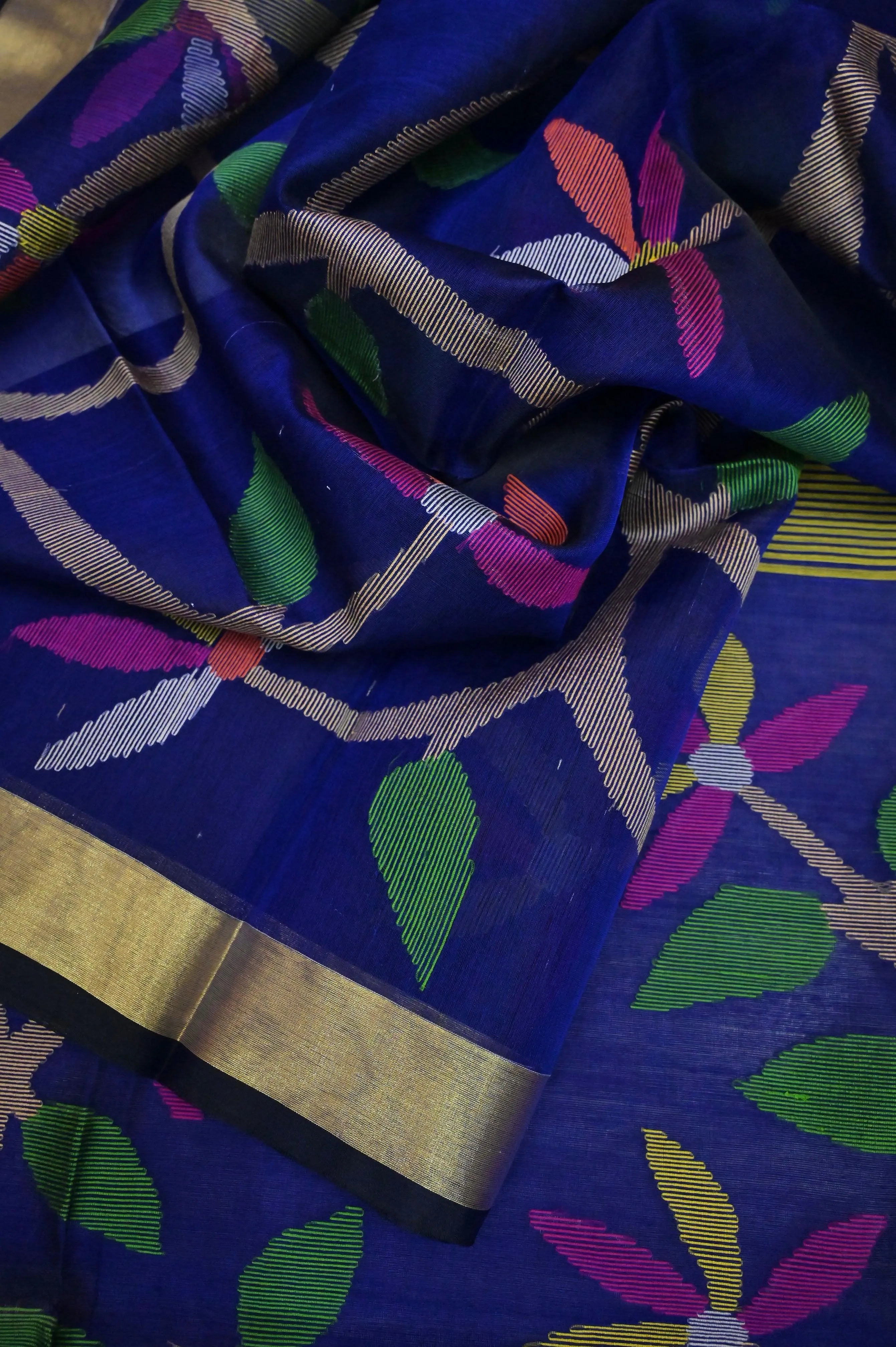 Indigo Blue Color Muslin Jamdani Saree with Meenakari Work and Jamdani Weaving