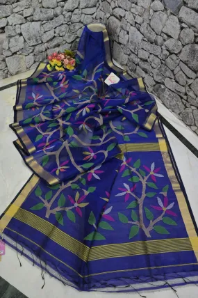 Indigo Blue Color Muslin Jamdani Saree with Meenakari Work and Jamdani Weaving