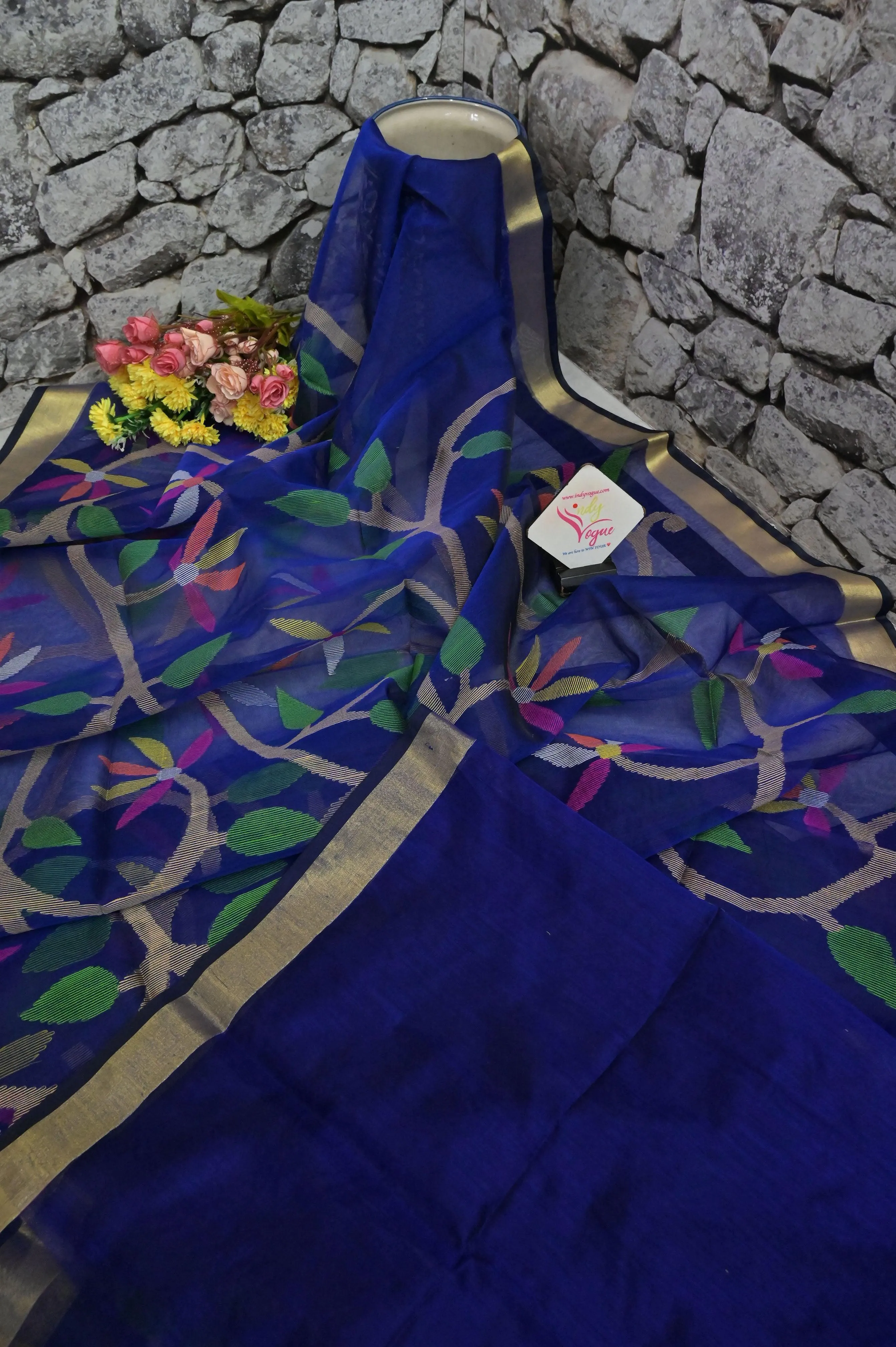 Indigo Blue Color Muslin Jamdani Saree with Meenakari Work and Jamdani Weaving