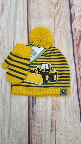 JOHN DEERE TODDLER BOYS CONSTRUCTION HAT AND MITTENS YELLOW / OMBRE BLUE STRIPE LP86434