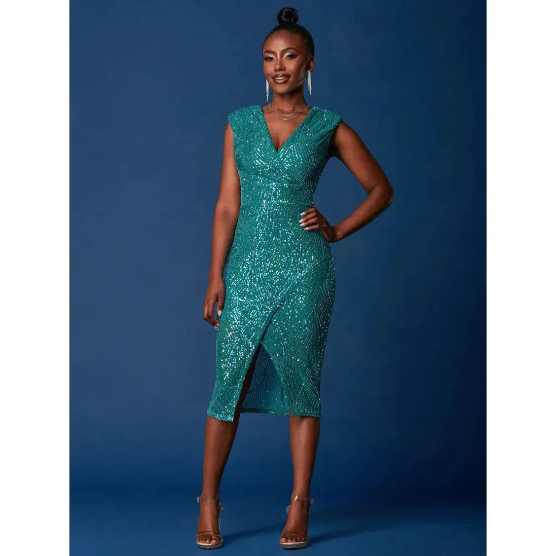 Jolie Moi Teal Green Sleeveless V Neck Split Skirt Sequin Wiggle Dress