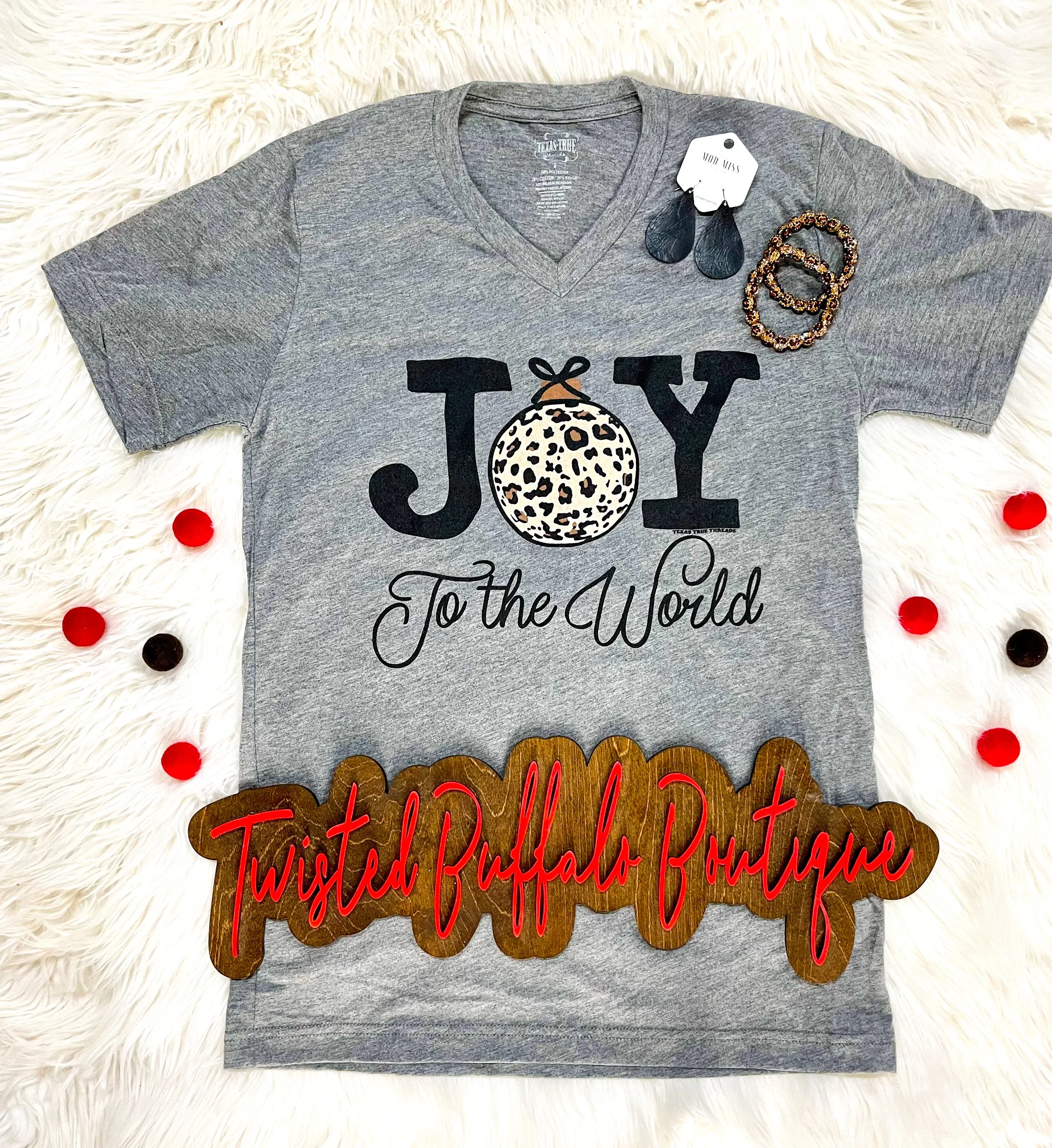 {JOY TO THE WORLD} Leopard Ornament Gray V-Neck Tee