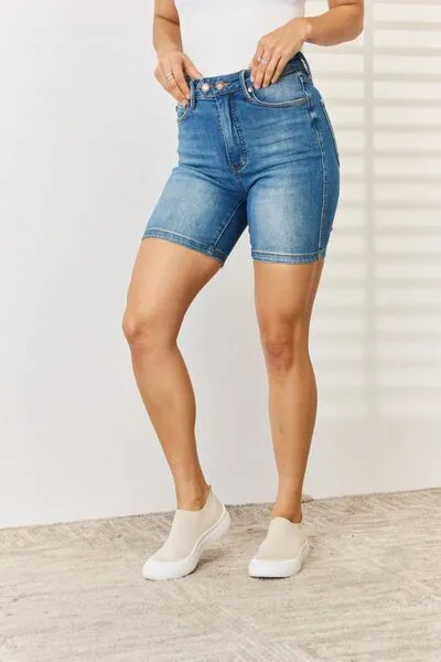 Judy Blue Tummy Control Double Button Bermuda Denim Shorts (Online Exclusive)