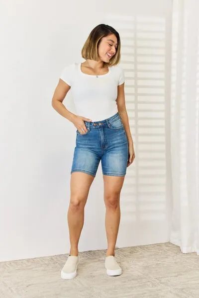 Judy Blue Tummy Control Double Button Bermuda Denim Shorts (Online Exclusive)