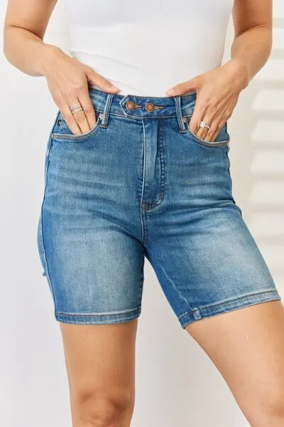 Judy Blue Tummy Control Double Button Bermuda Denim Shorts (Online Exclusive)