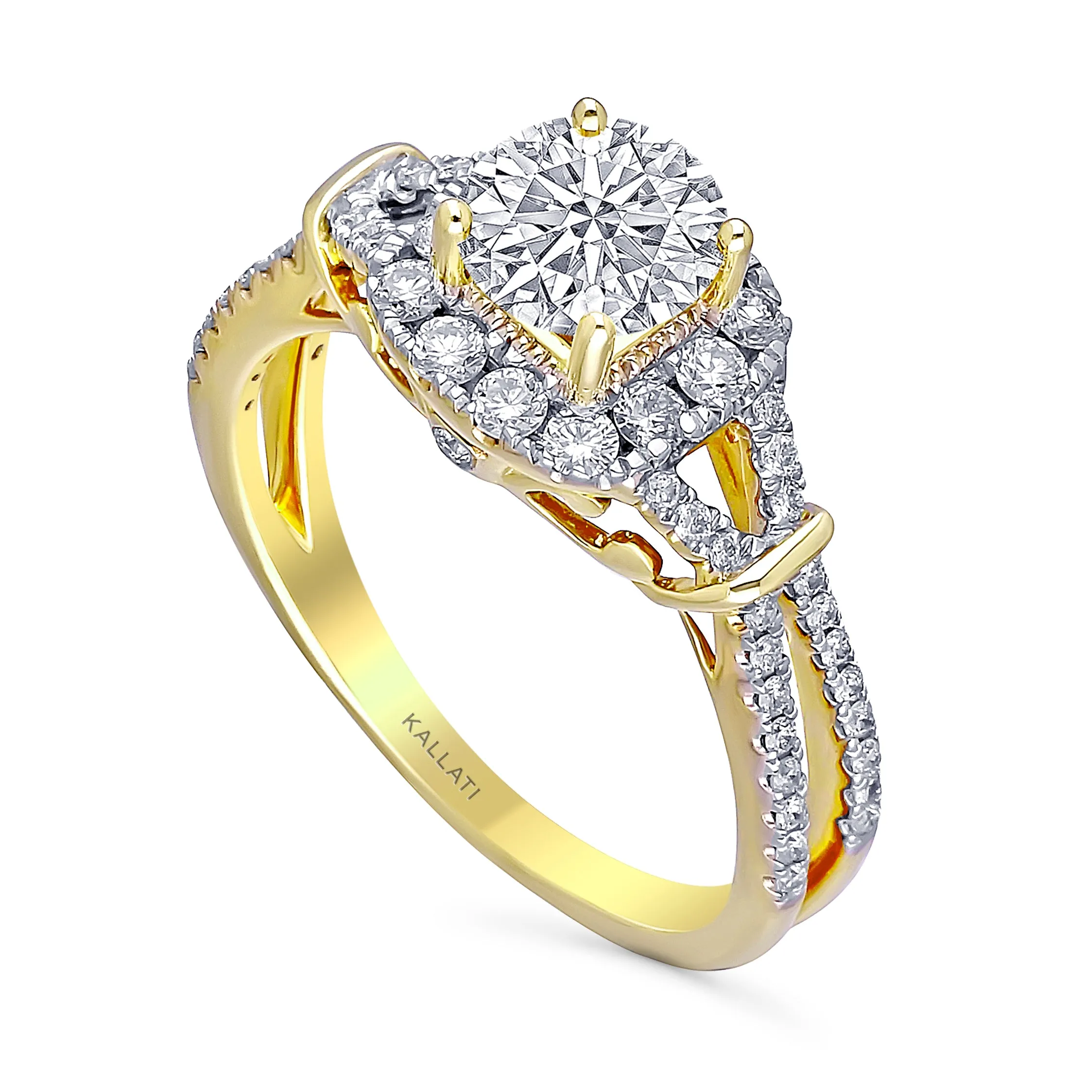 Kallati Eternal Round Halo, Split Shank Diamond Engagement Ring in 14K Yellow Gold