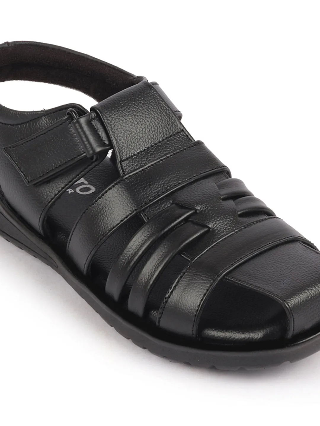 Men Black Genuine Leather Multi Strap Hook and Loop Closed Toe Fisherman Roman Sandals