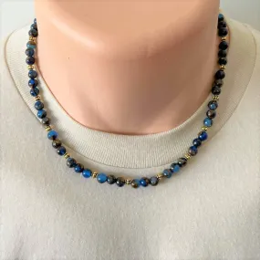 Mens Cobalt Opal With Bronzite Marbled Quartz and Gold Beaded Necklace