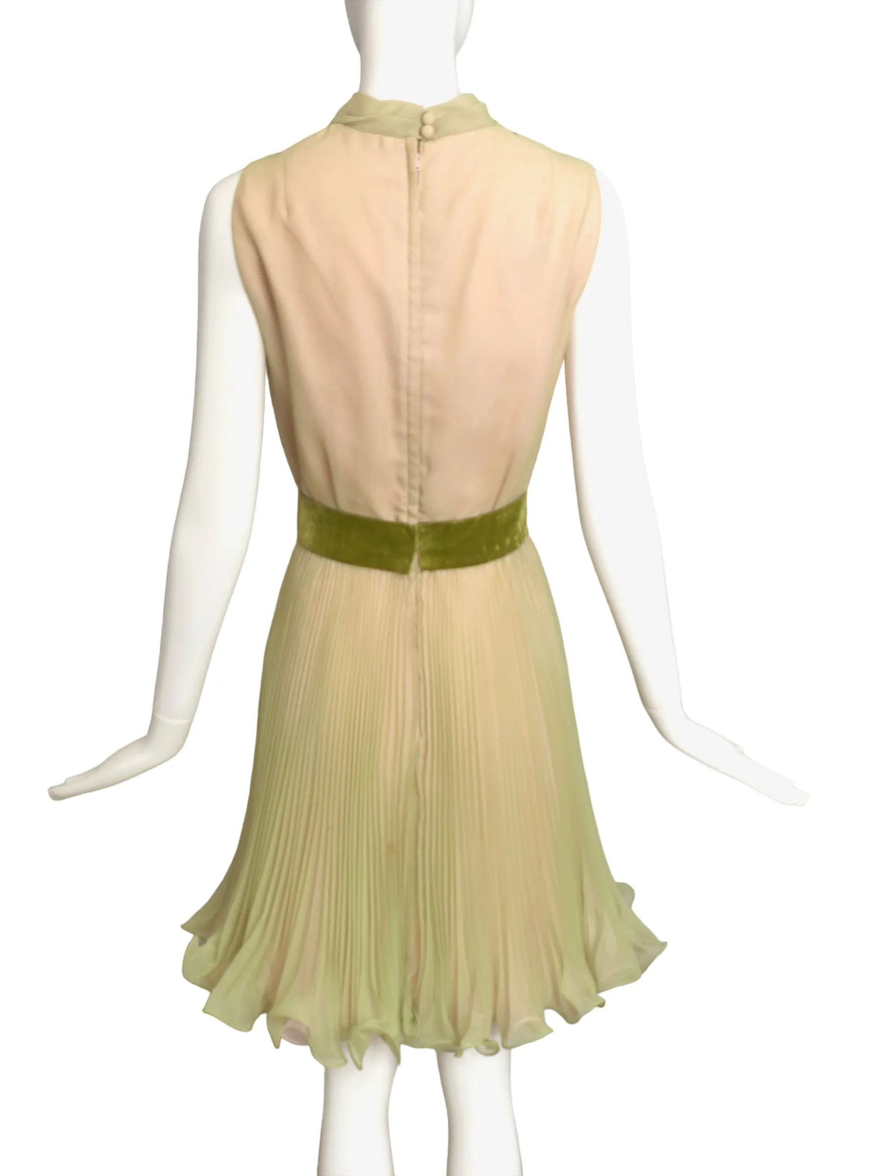 MISS ELLIETTE- 1960s Green Chiffon Pleat Dress, Size 6