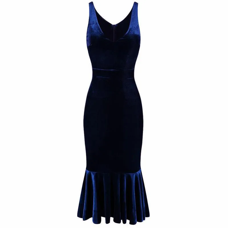 Navy Blue Velour Sleeveless Peplum Hem V Neck Wiggle Dress