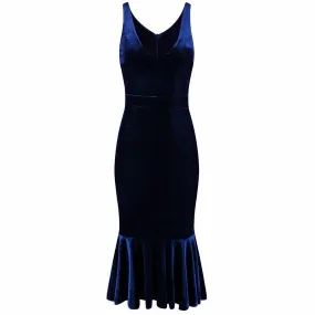 Navy Blue Velour Sleeveless Peplum Hem V Neck Wiggle Dress