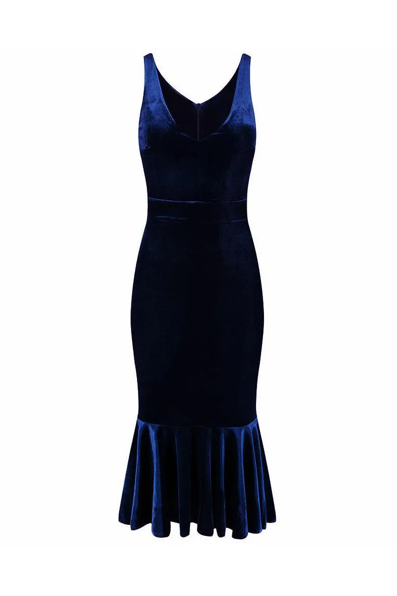 Navy Blue Velour Sleeveless Peplum Hem V Neck Wiggle Dress