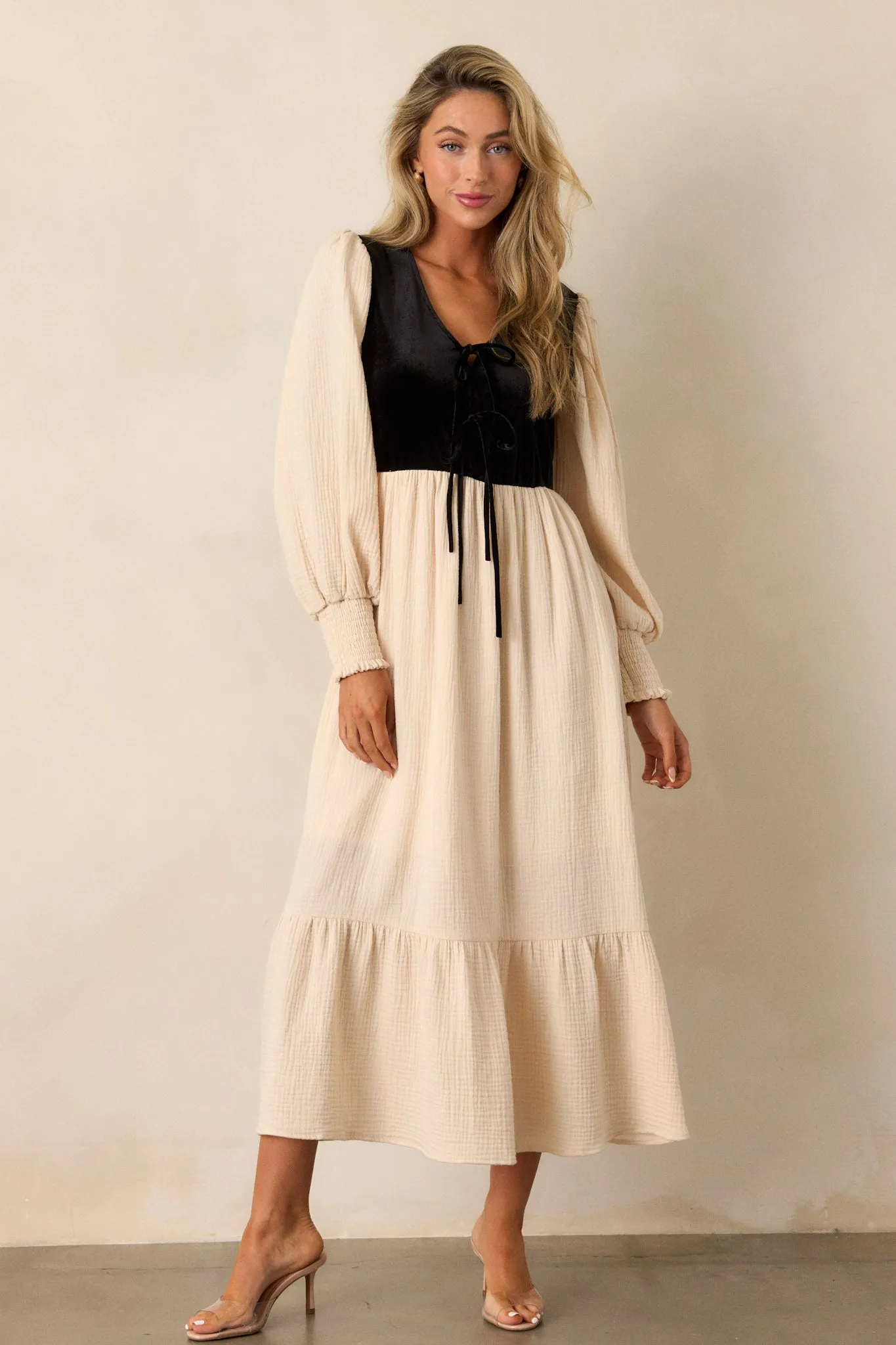 Not Worried 100% Cotton Oatmeal Puff Sleeve Midi Dress