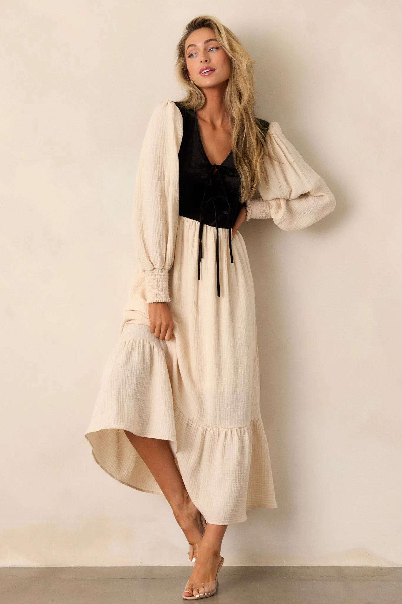 Not Worried 100% Cotton Oatmeal Puff Sleeve Midi Dress