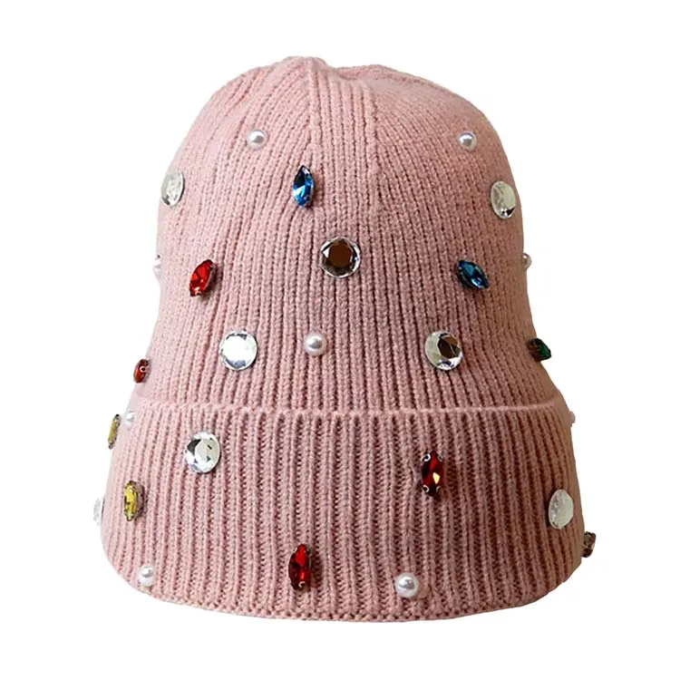 Pearl Jewel Embellished Fleece Lining Knit Beanie Hat