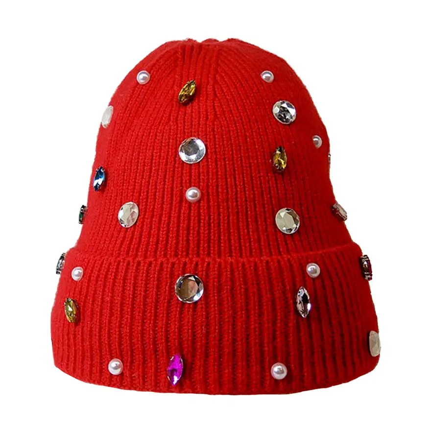 Pearl Jewel Embellished Fleece Lining Knit Beanie Hat