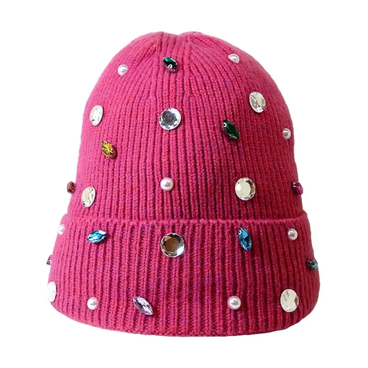 Pearl Jewel Embellished Fleece Lining Knit Beanie Hat