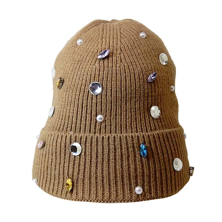 Pearl Jewel Embellished Fleece Lining Knit Beanie Hat