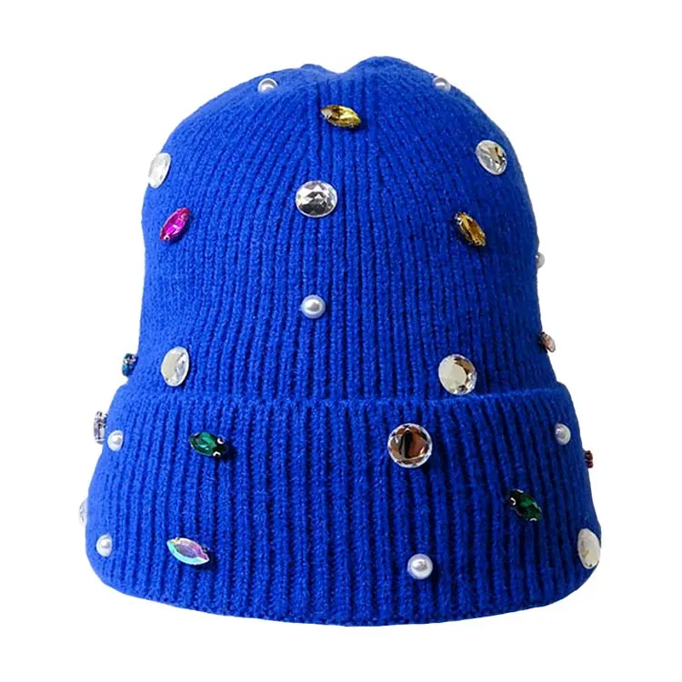 Pearl Jewel Embellished Fleece Lining Knit Beanie Hat