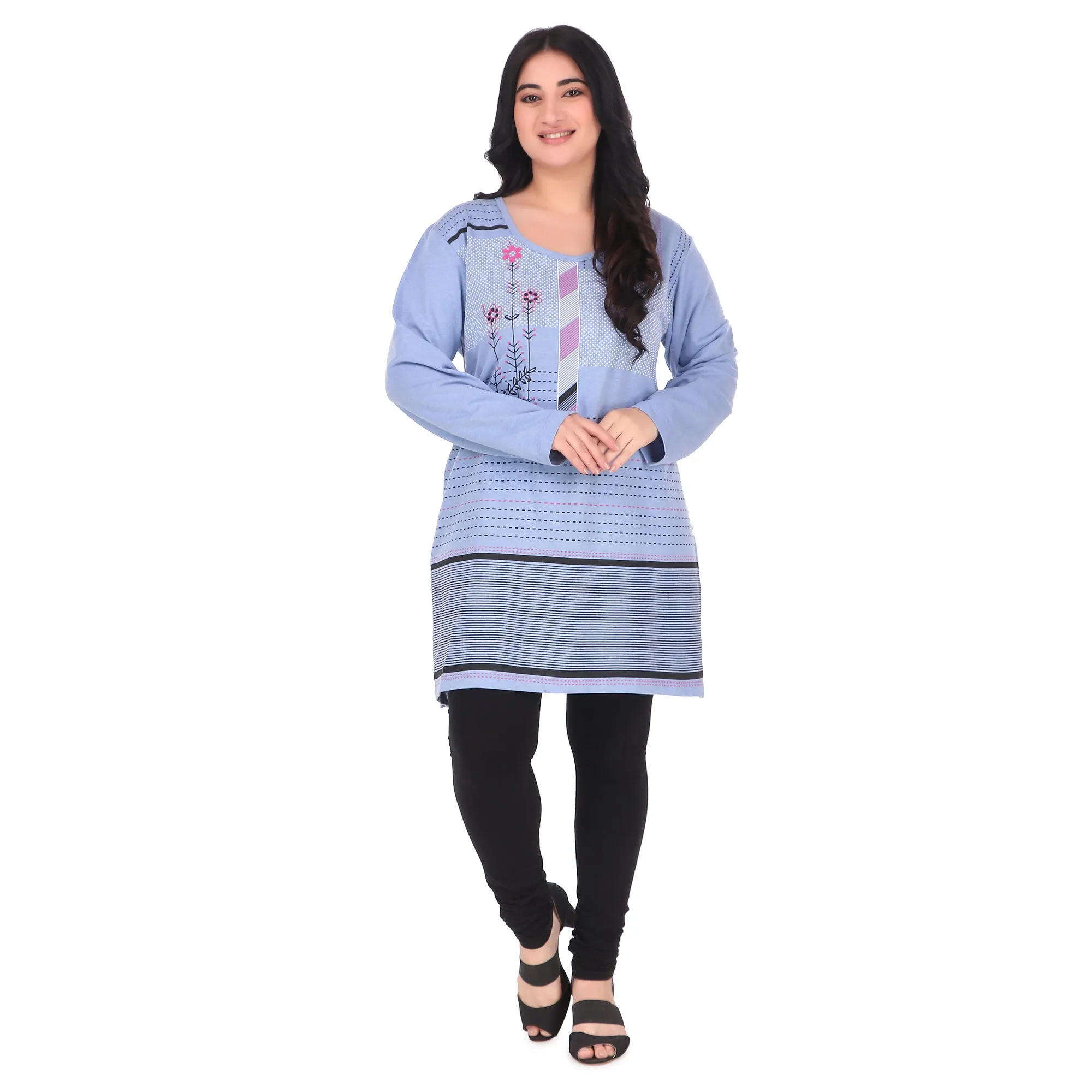 Plus Size Printed Long Tops For Women Full Sleeves - Pack of 2 (Wine & Sky Blue)