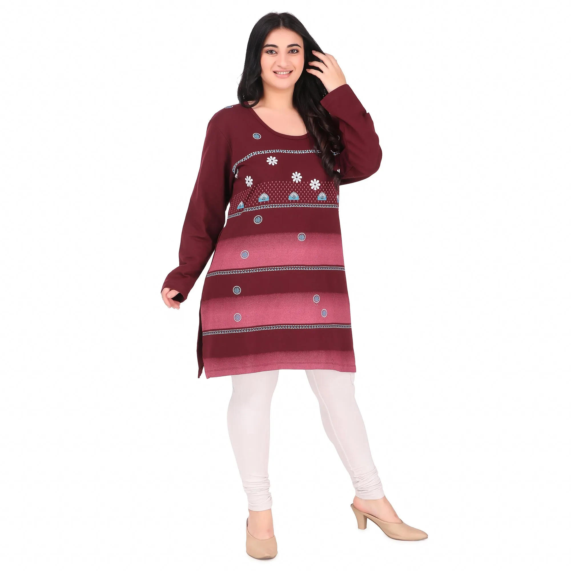 Plus Size Printed Long Tops For Women Full Sleeves - Pack of 2 (Wine & Sky Blue)