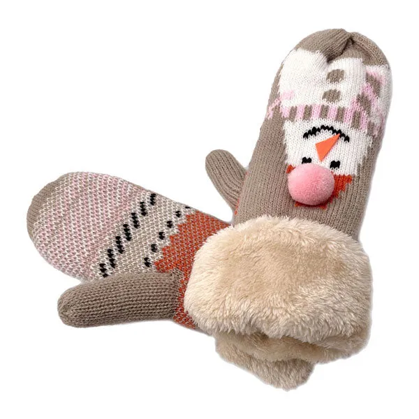 Plush Snowman Printed Faux Fur Mitten Gloves