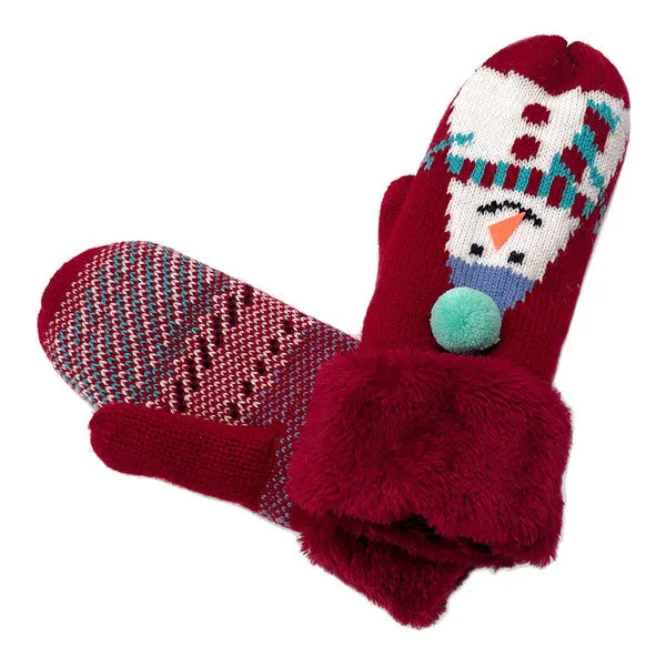 Plush Snowman Printed Faux Fur Mitten Gloves