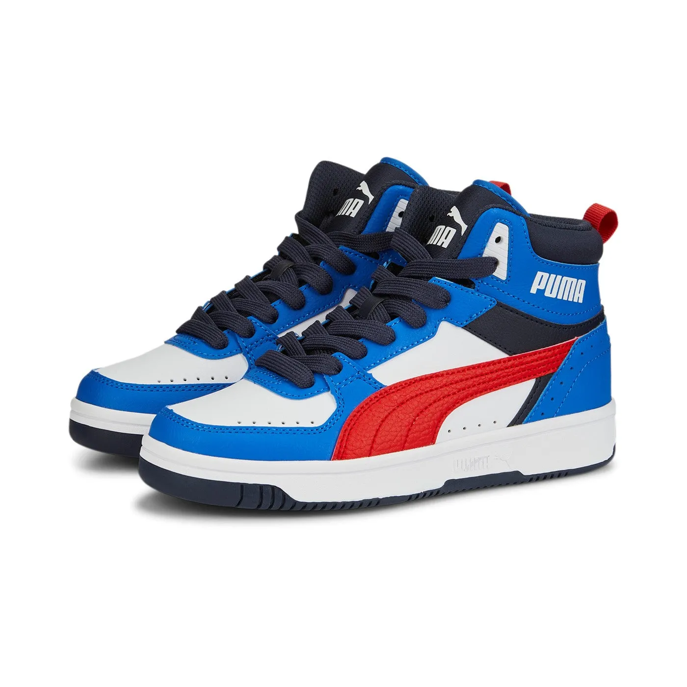 Puma Rebound JOY Jr high-top sneakers for boys 388447 04 White-Burnt Red-Victoria Blue-Parisian Night