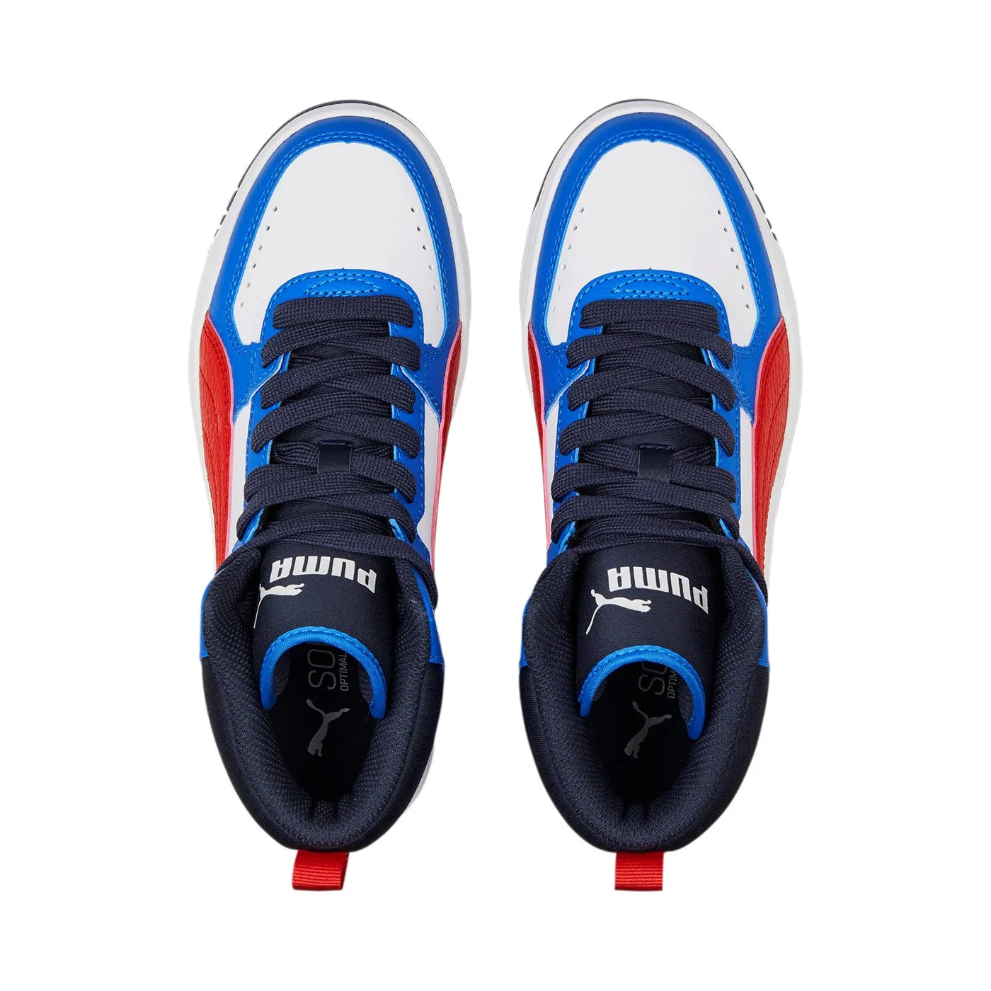 Puma Rebound JOY Jr high-top sneakers for boys 388447 04 White-Burnt Red-Victoria Blue-Parisian Night