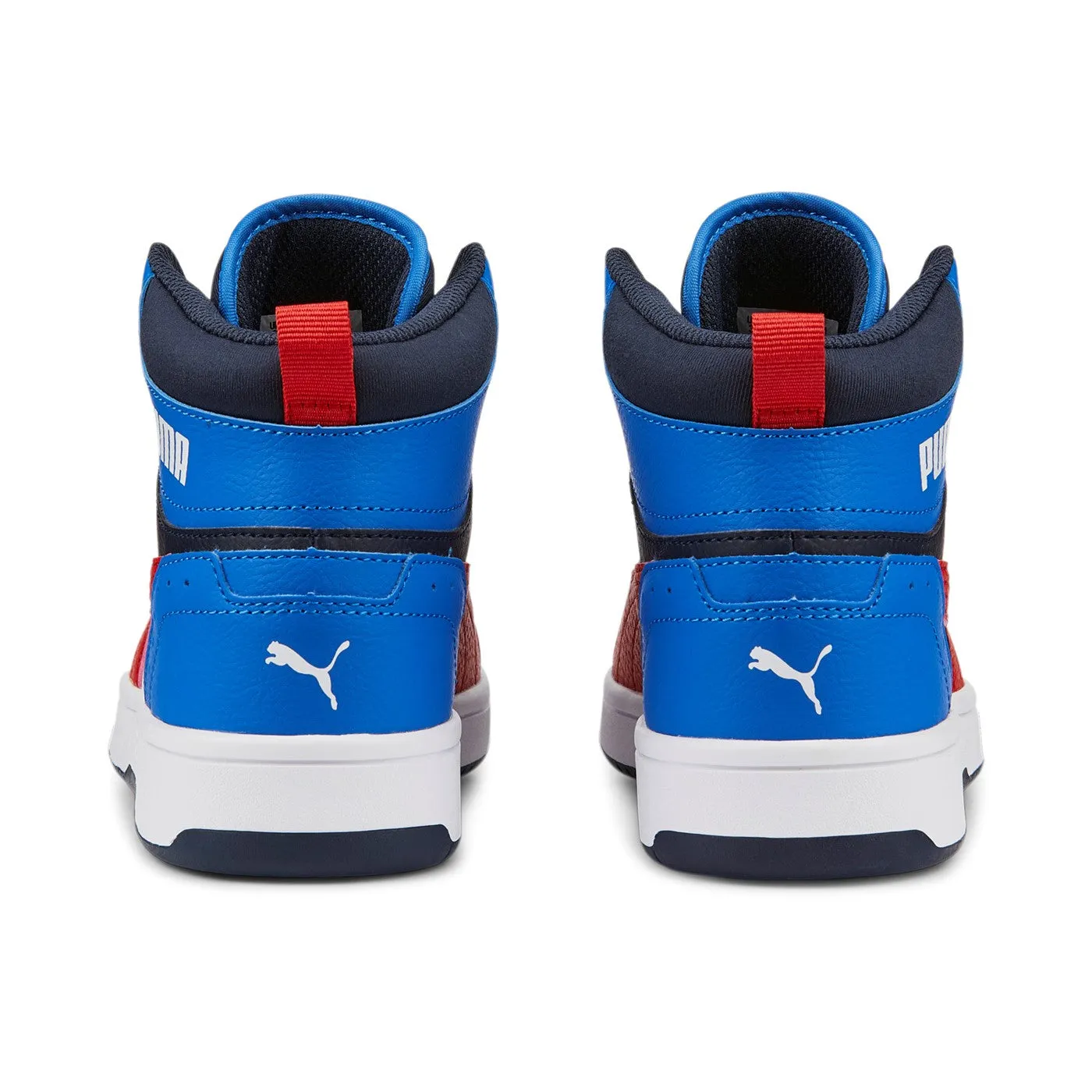 Puma Rebound JOY Jr high-top sneakers for boys 388447 04 White-Burnt Red-Victoria Blue-Parisian Night