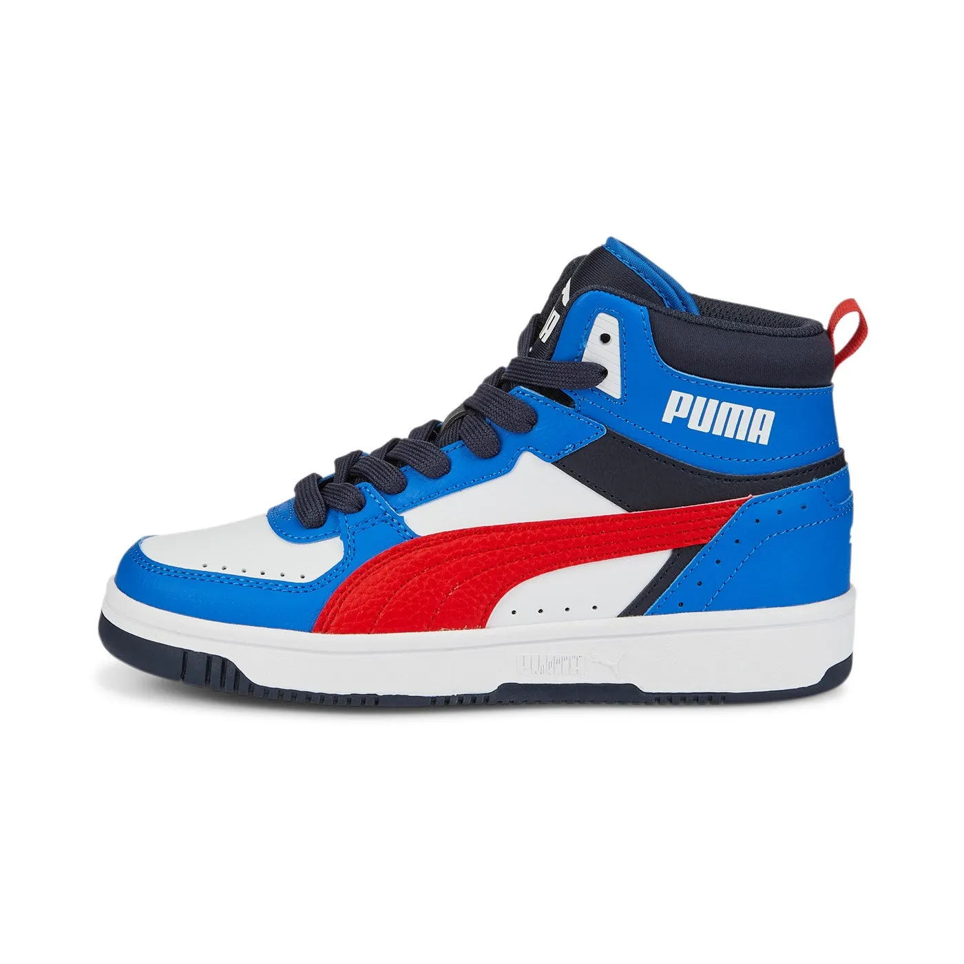 Puma Rebound JOY Jr high-top sneakers for boys 388447 04 White-Burnt Red-Victoria Blue-Parisian Night