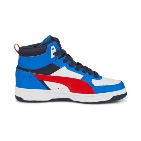 Puma Rebound JOY Jr high-top sneakers for boys 388447 04 White-Burnt Red-Victoria Blue-Parisian Night