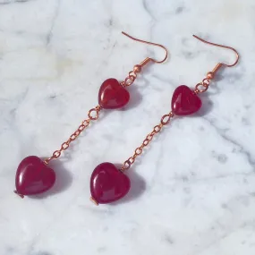 Red Jade Heart and Copper Dangle Earrings